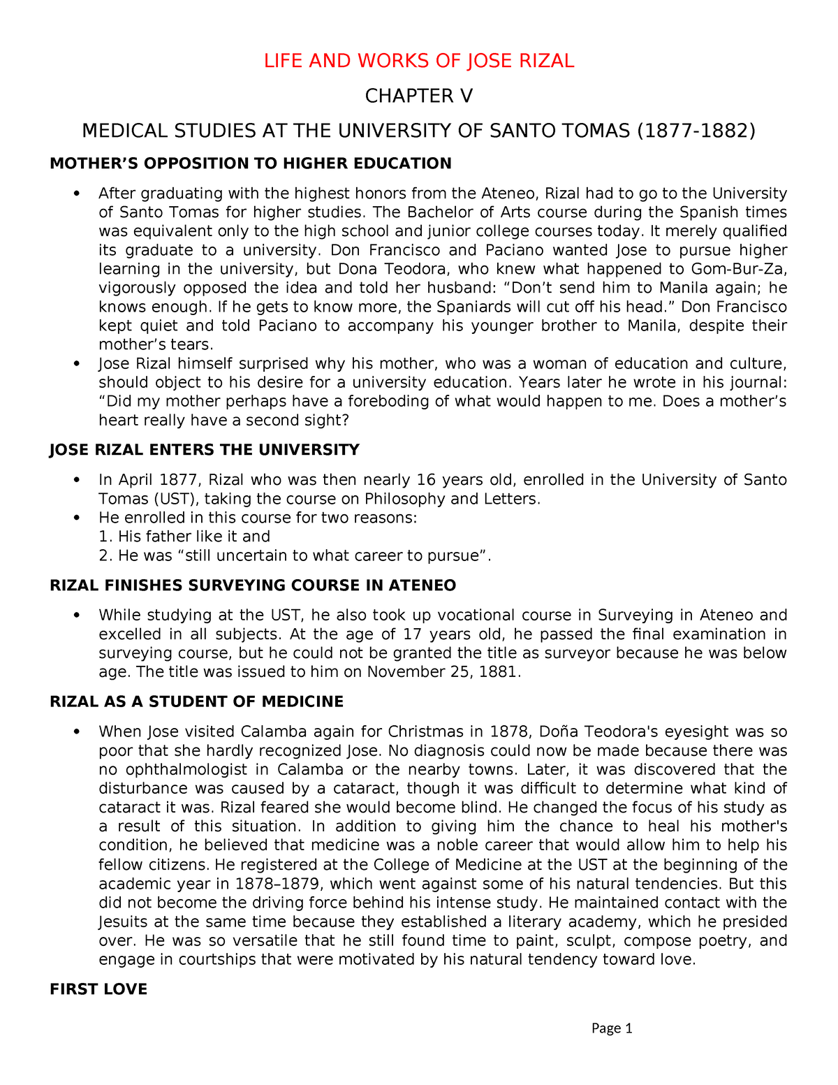 chapter 5 rizal - LIFE AND WORKS OF JOSE RIZAL CHAPTER V MEDICAL ...