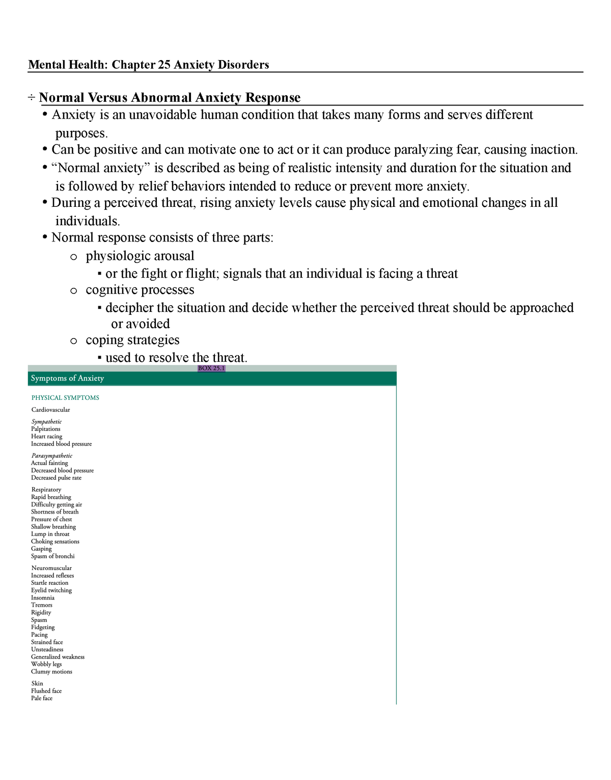 MH Chapter 27 - Notes - Mental Health: Chapter 25 Anxiety Disorders ÷ ...