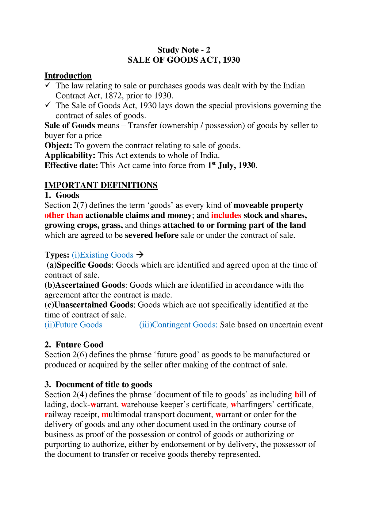 Sale Of Goods Act P1 - Study Note - 2 SALE OF GOODS ACT, 1930 ...