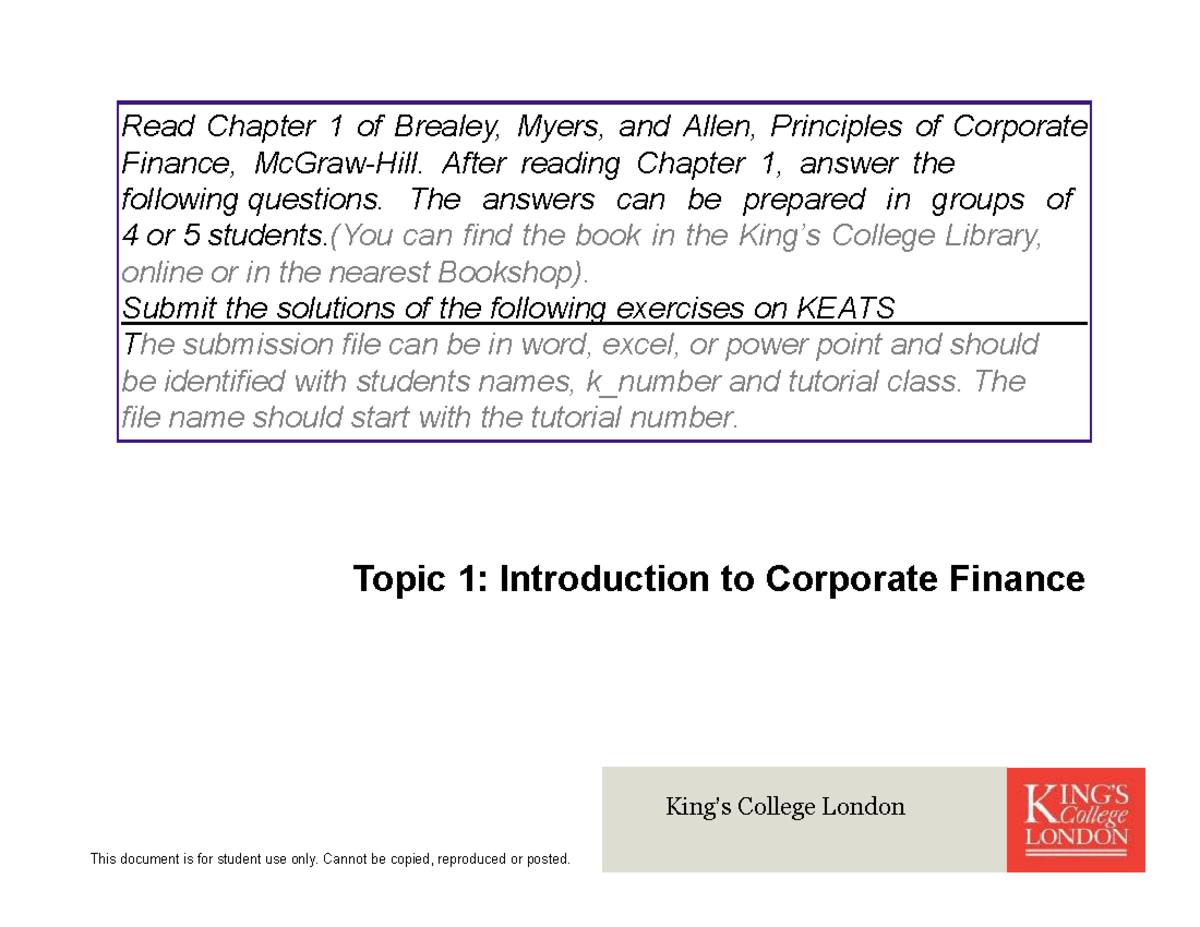 Topic 1 Tutorial 1 Introduction To Corporate Finance (1) - © King’s ...