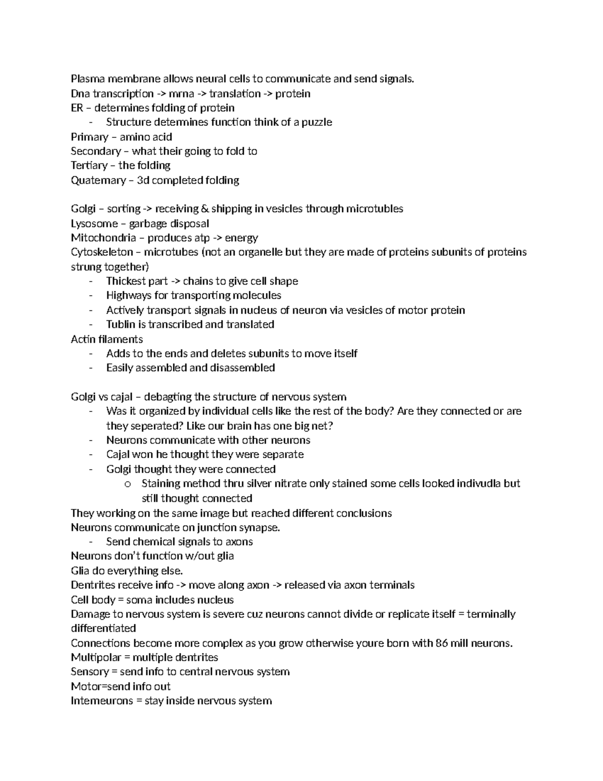 Class Notes - Ch 1. - Plasma membrane allows neural cells to ...