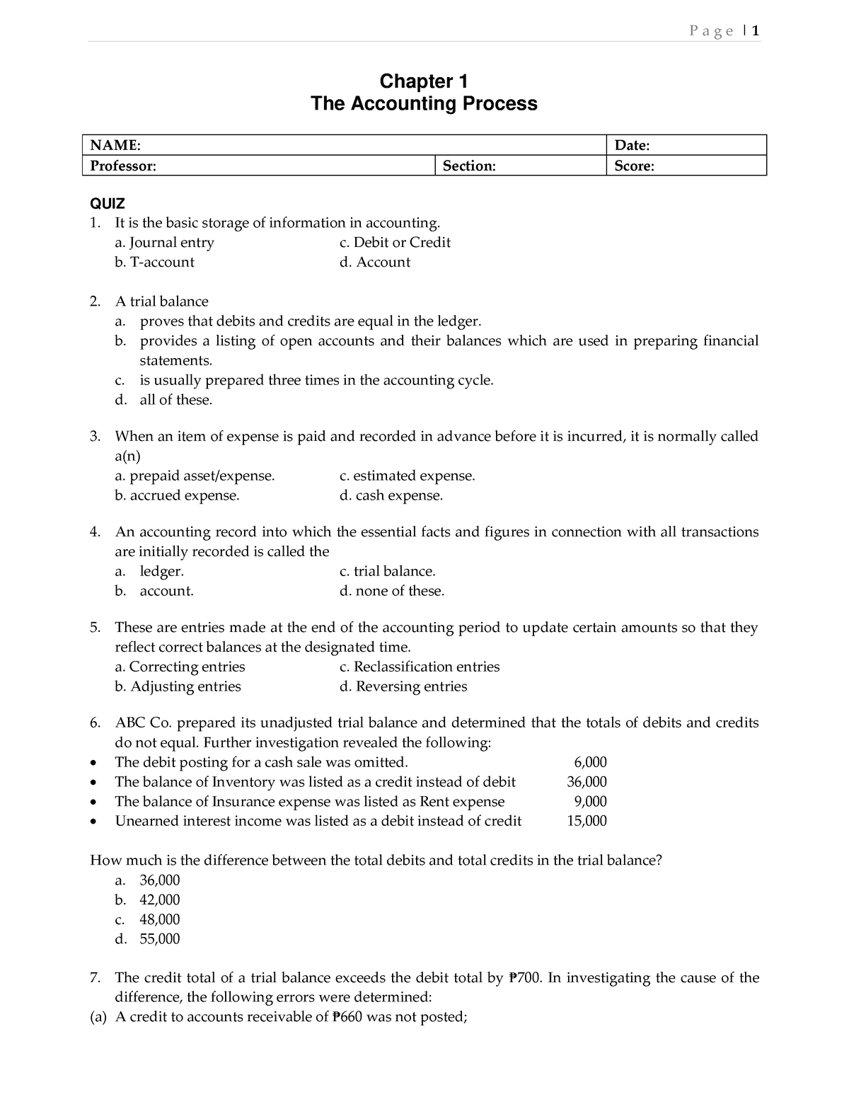 QUIZ 1 Chapter 1 Accounting Process - P A G E | 1 Chapter 1 The ...