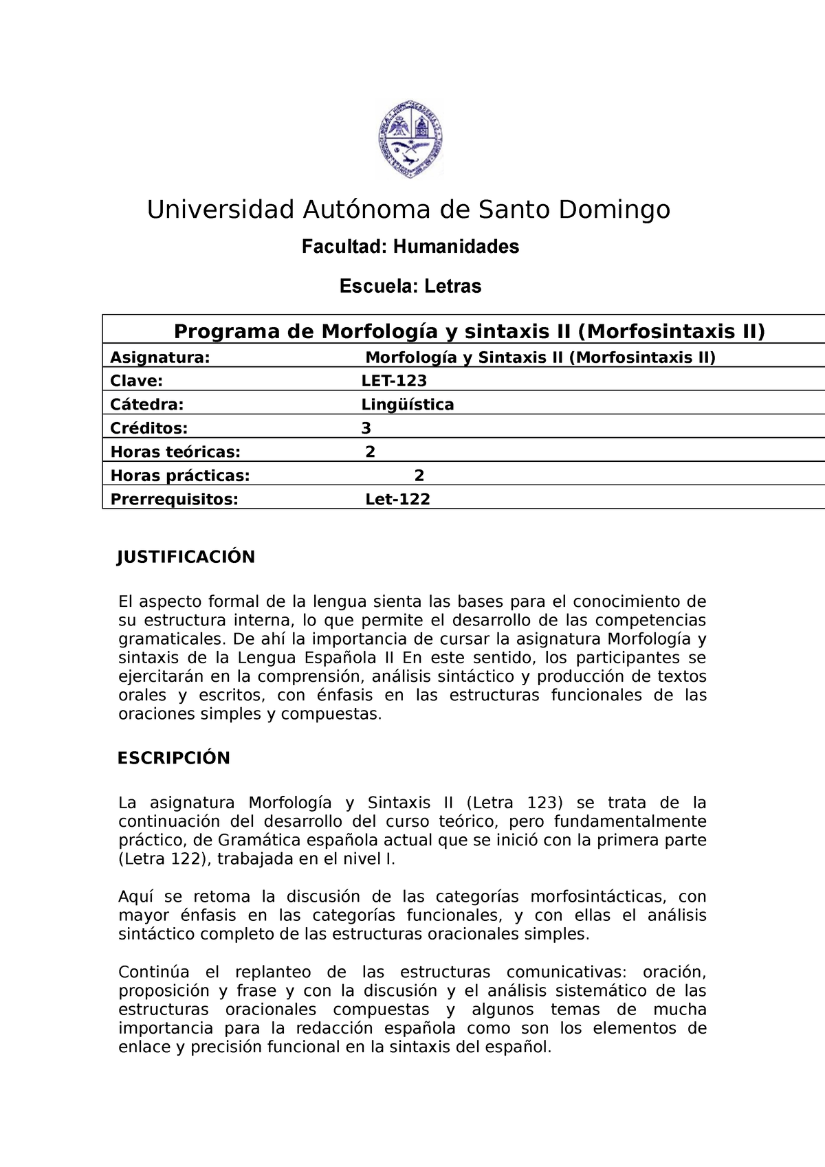 Programa De Morfolog Ã­a Y Sintaxis II (Let. 123) - Universidad ...