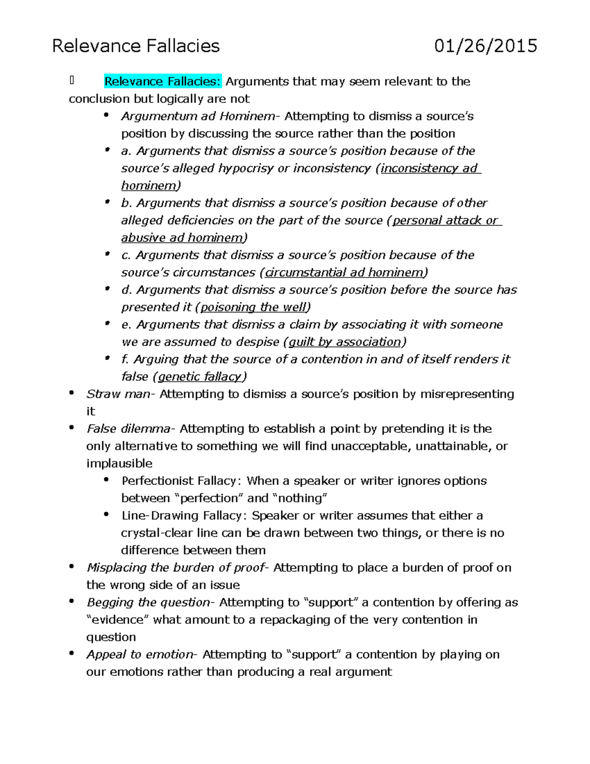 PHL 201 Chapter 6 - Relevance Fallacies: Arguments that may seem ...