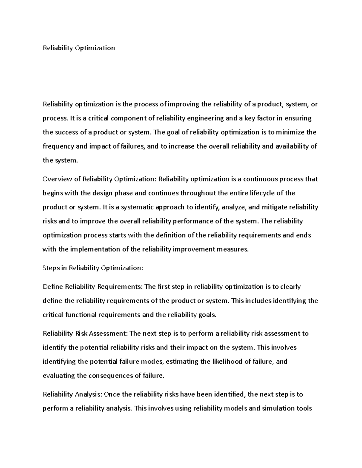 Reliability Optimization - Reliability Optimization Reliability ...