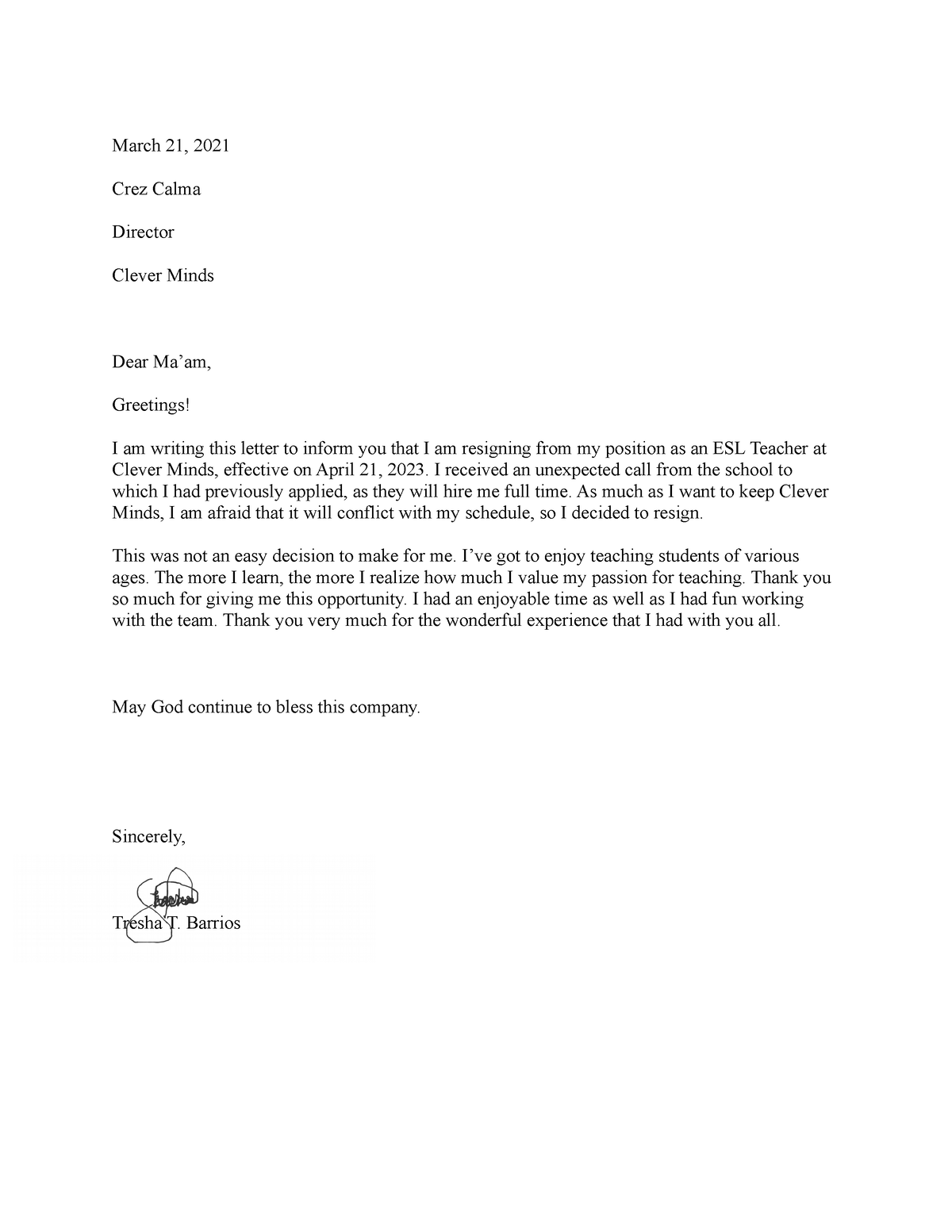 Resignation Letter Tresha - March 21, 2021 Crez Calma Director Clever ...