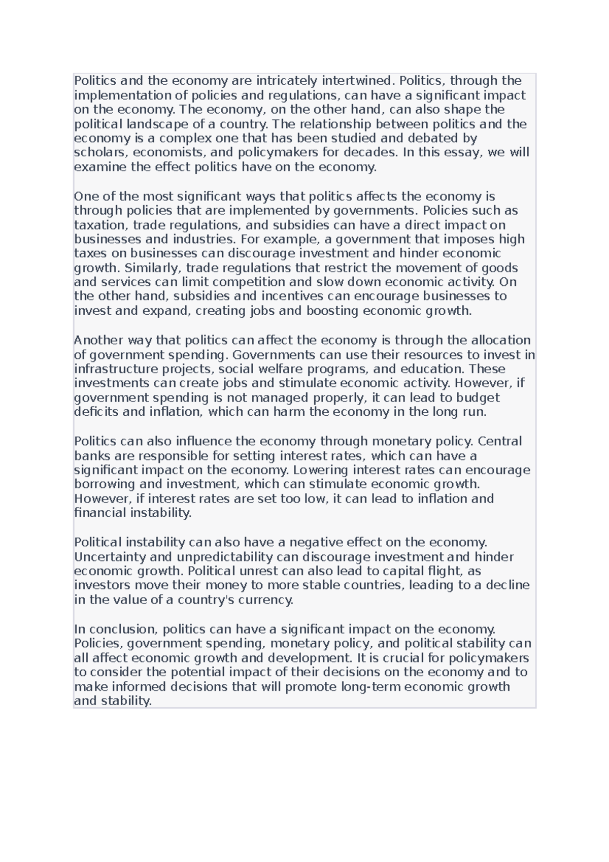 Politics and the economy - Politics, through the implementation of ...