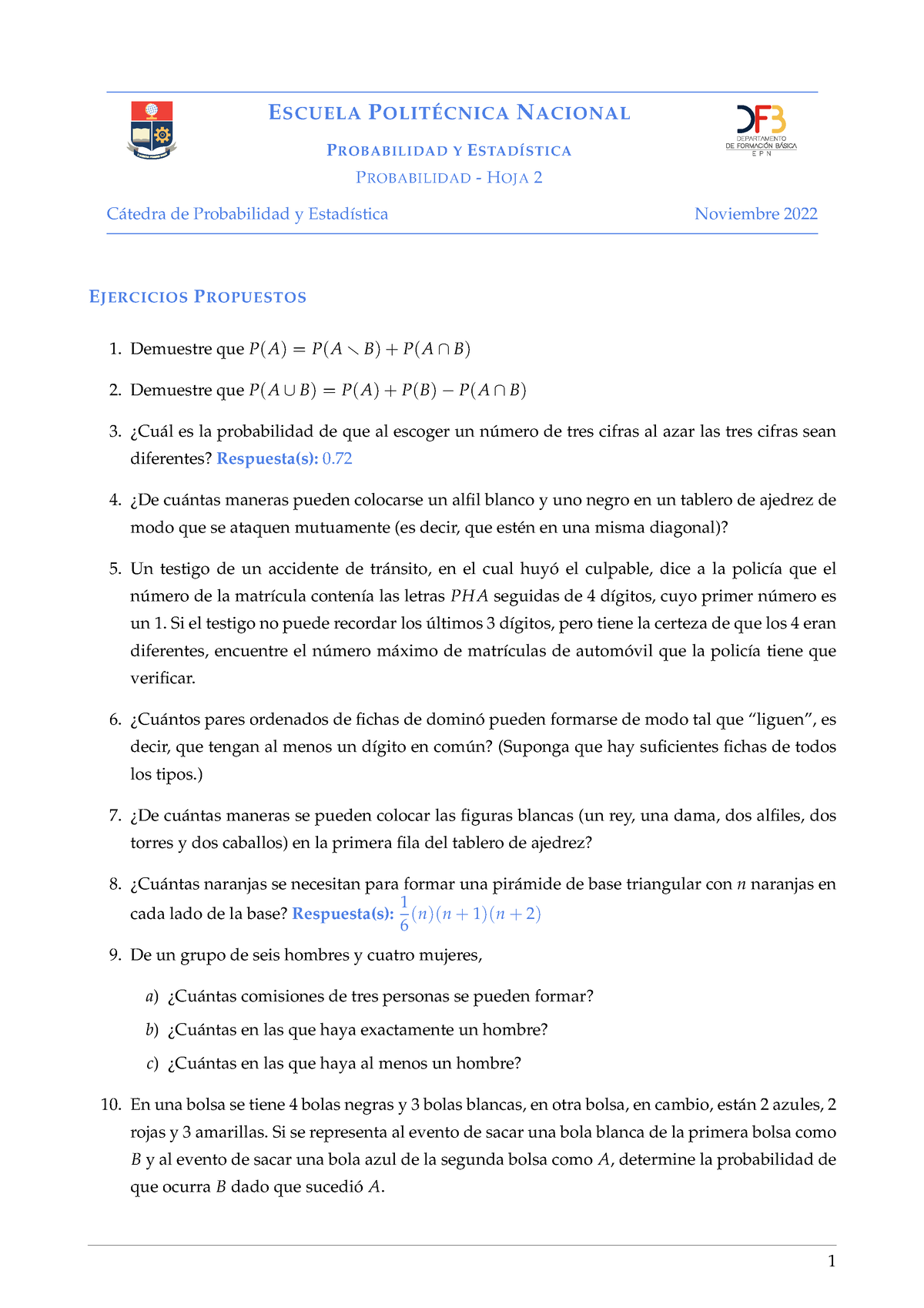 Hoja De Ejercicios 2- 2022B - ESCUELA POLITÉCNICA NACIONAL PROBABILIDAD ...