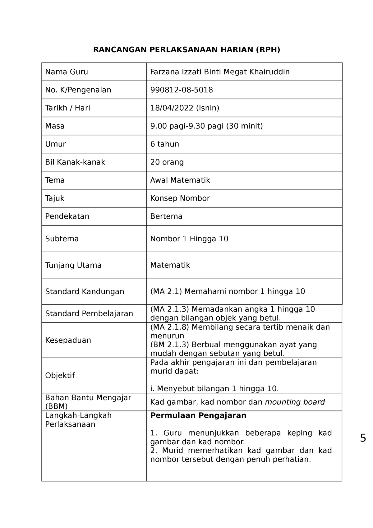 Rancangan Perlaksanaan Harian MATH ( Tutorial 5) - RANCANGAN ...