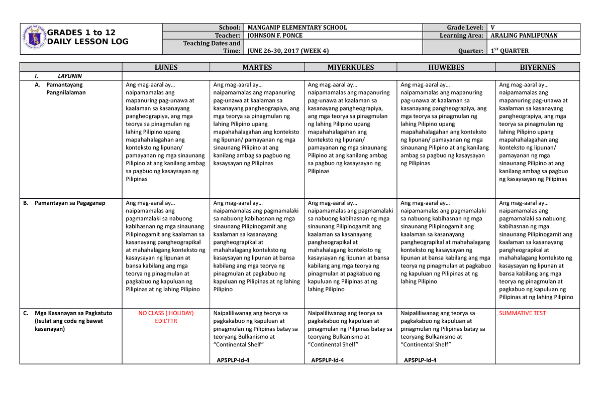 Dll Araling Panlipunan 5 Q1 W4 Grades 1 To 12 Daily Lesson Log School Manganip Elementary 8396