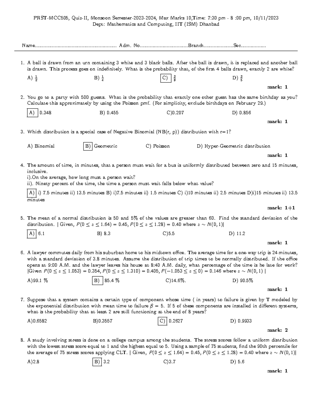 PRST QUIZ 2 - its mid semeseter quizz - PRST-MCC505, Quiz-II, Monsoon ...