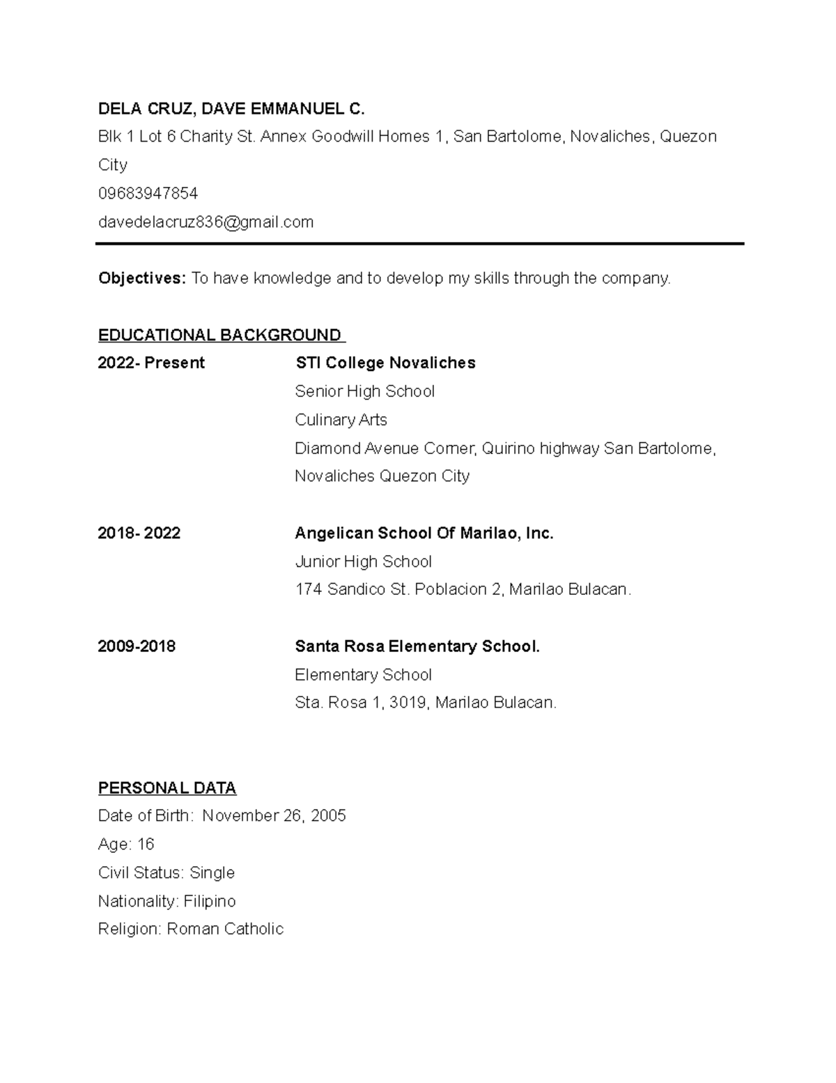 Dela-cruz Resume - Hehe - Dela Cruz, Dave Emmanuel C. Blk 1 Lot 6 