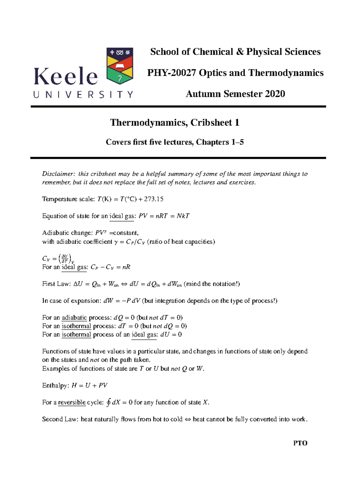 Cribsheet 1 Thermodynamics Crib Sheet 1 School of Chemical & Physical Sciences PHY20027