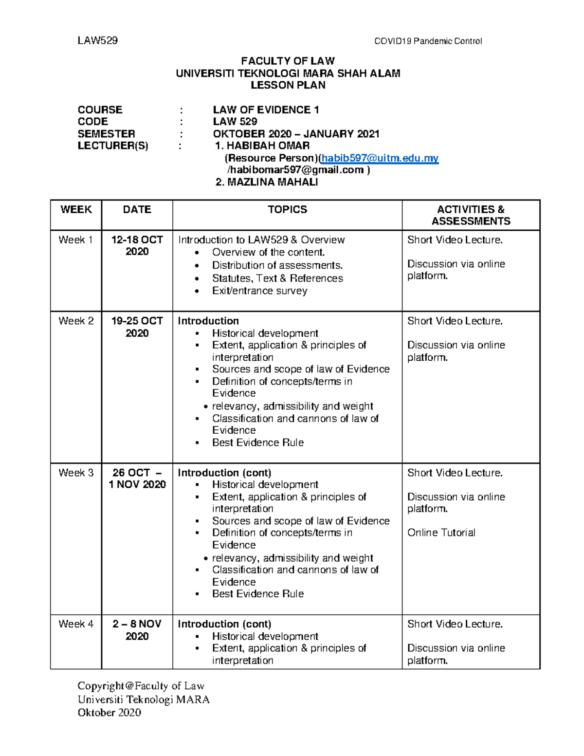 LAW529- Lesson PLAN-OCT2020 - Copyright@Faculty of Law Universiti ...