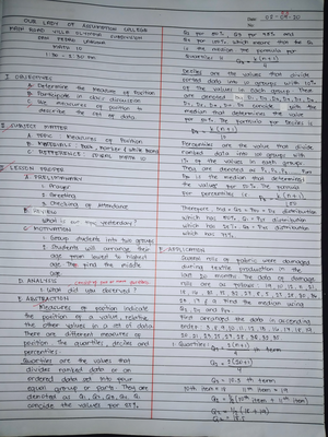 Lesson Plan Quartiles in Group Data Math 10 - Secondary education - Studocu