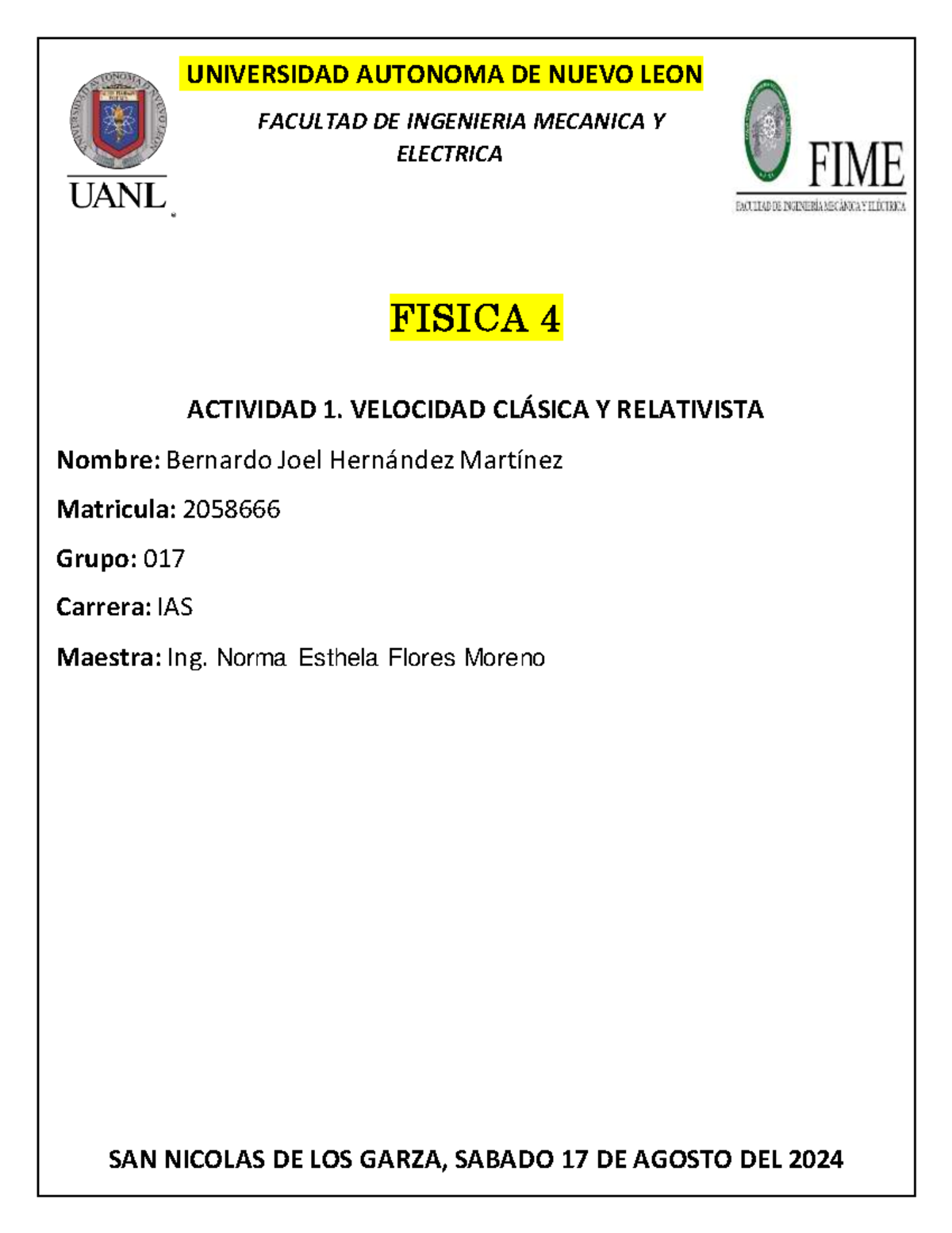 IAS Act1 Fisica 4 - UNIVERSIDAD AUTONOMA DE NUEVO LEON FACULTAD DE ...
