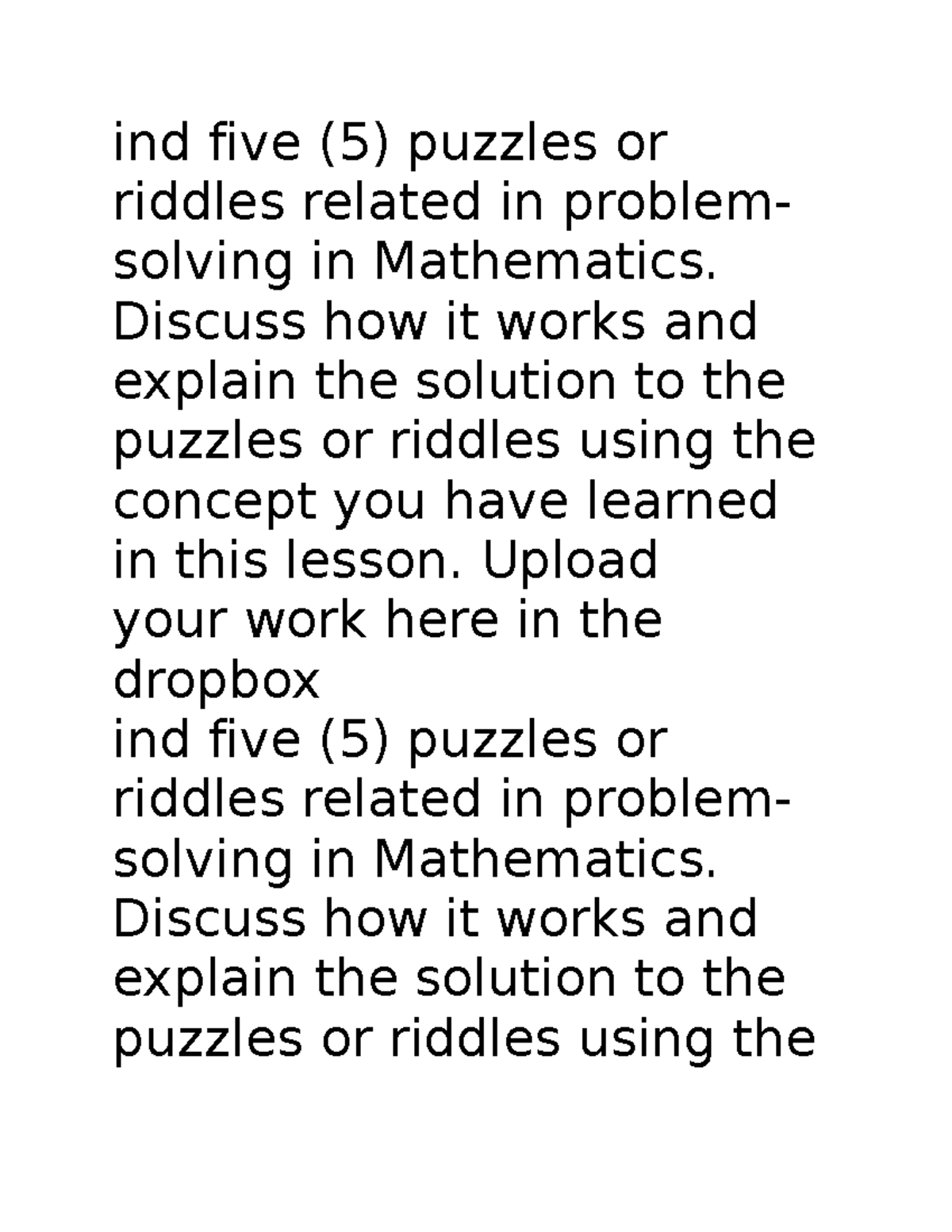 Math new ass - thanks - ind five (5) puzzles or riddles related in ...