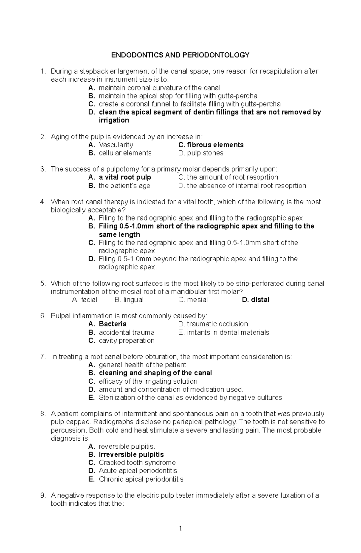 Exam 16 March 2017, questions and answers ENDODONTICS AND