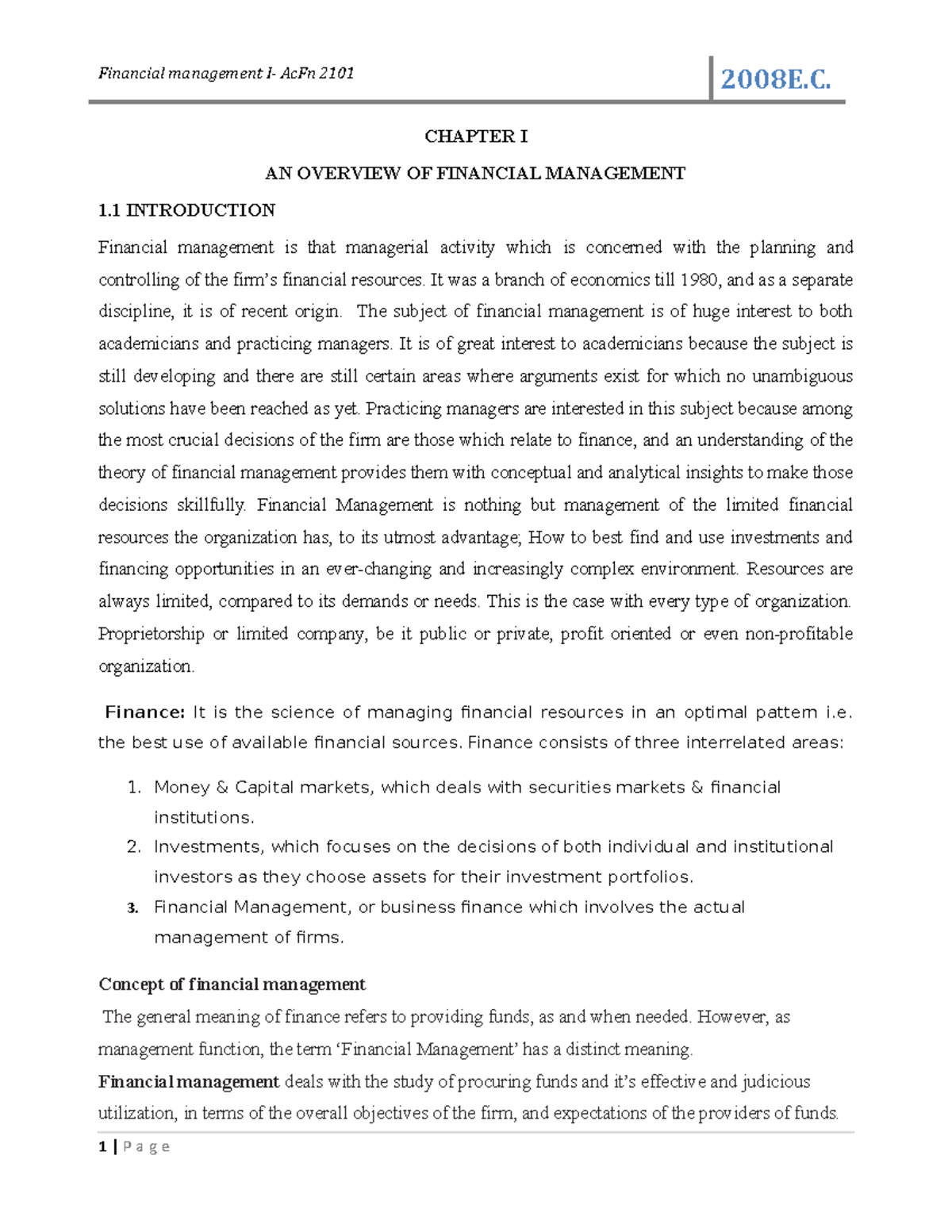 Fm I Chpter 1 Lecture Notes 1 2008e Financial Management I Acfn 2101 Chapter I An Overview Fm I Chpter 1 Lecture Notes 1 2008e Financial Management I Acfn 2101 Chapter I An Overview