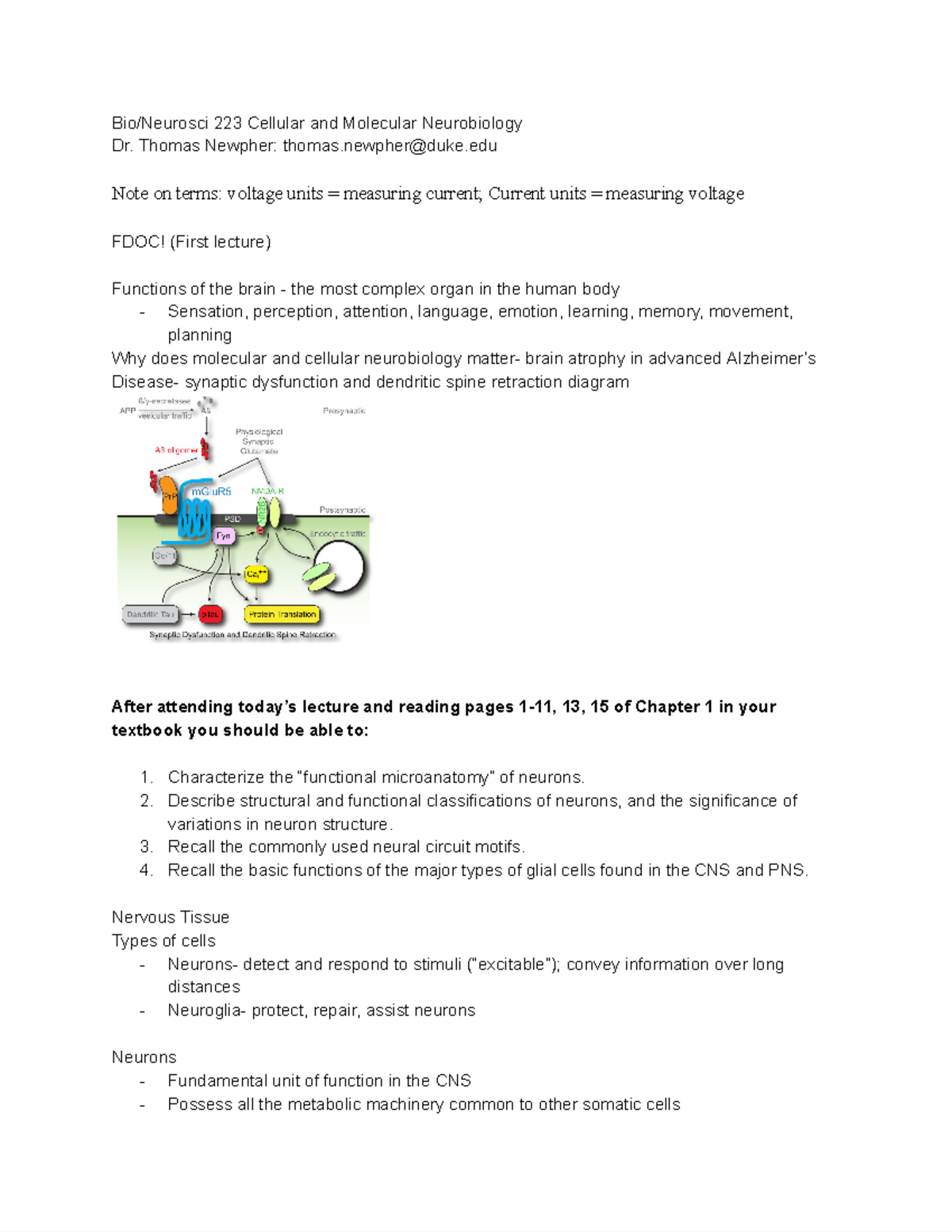 Bio neurosci 223 cellular and molecular neurobiology lecture and