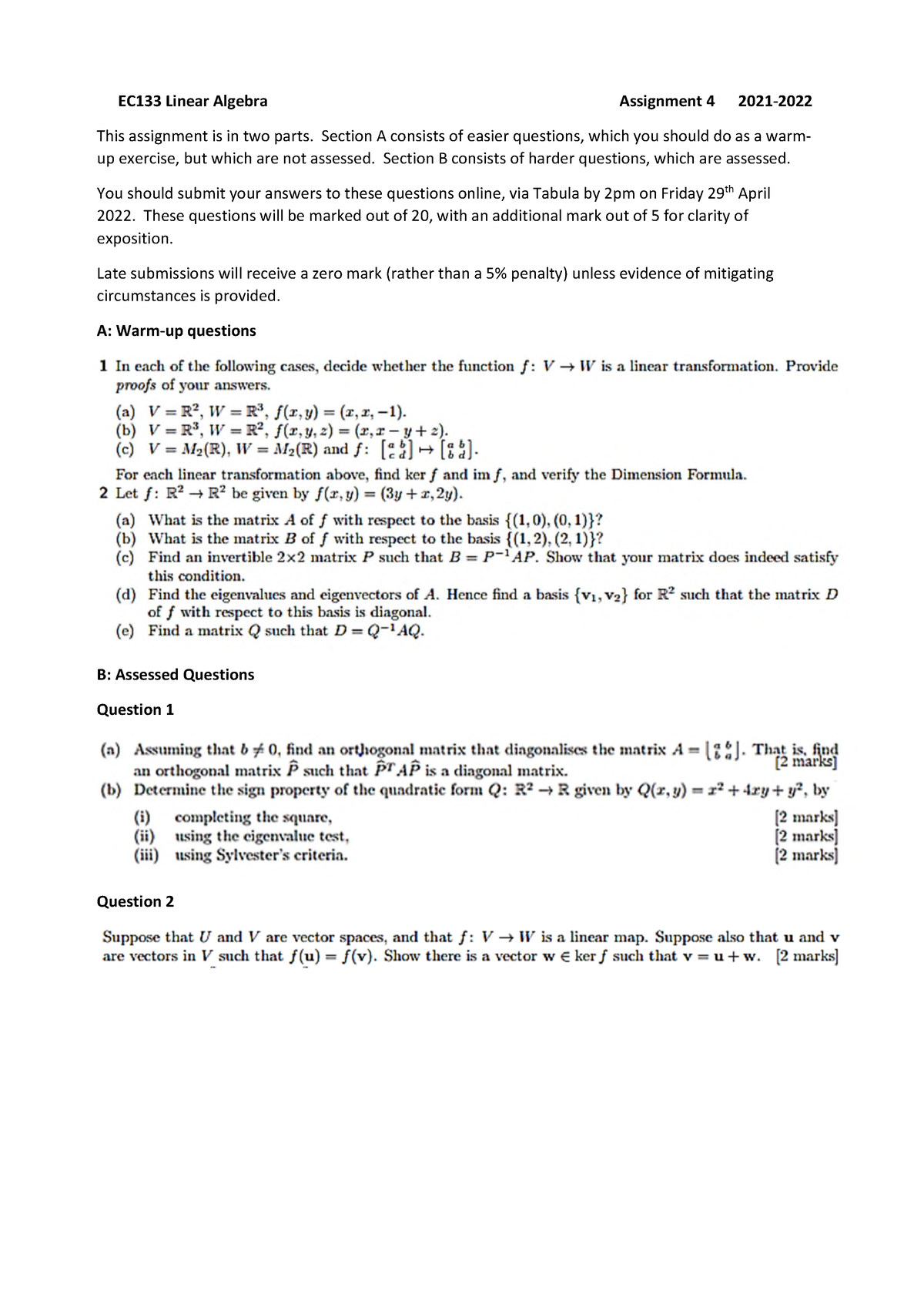 EC133 Linear Algebra Assignment 4 21-22 - Section A consists of easier ...