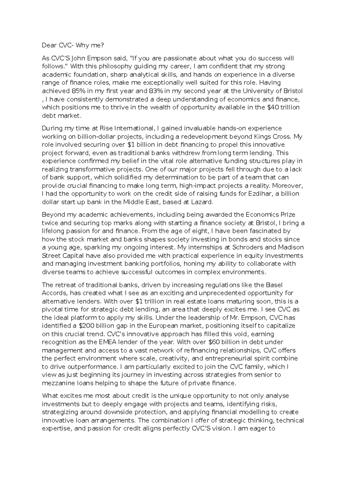 CVC cover letter - notes cv - Dear CVC- Why me? As CVC’S John Empson ...