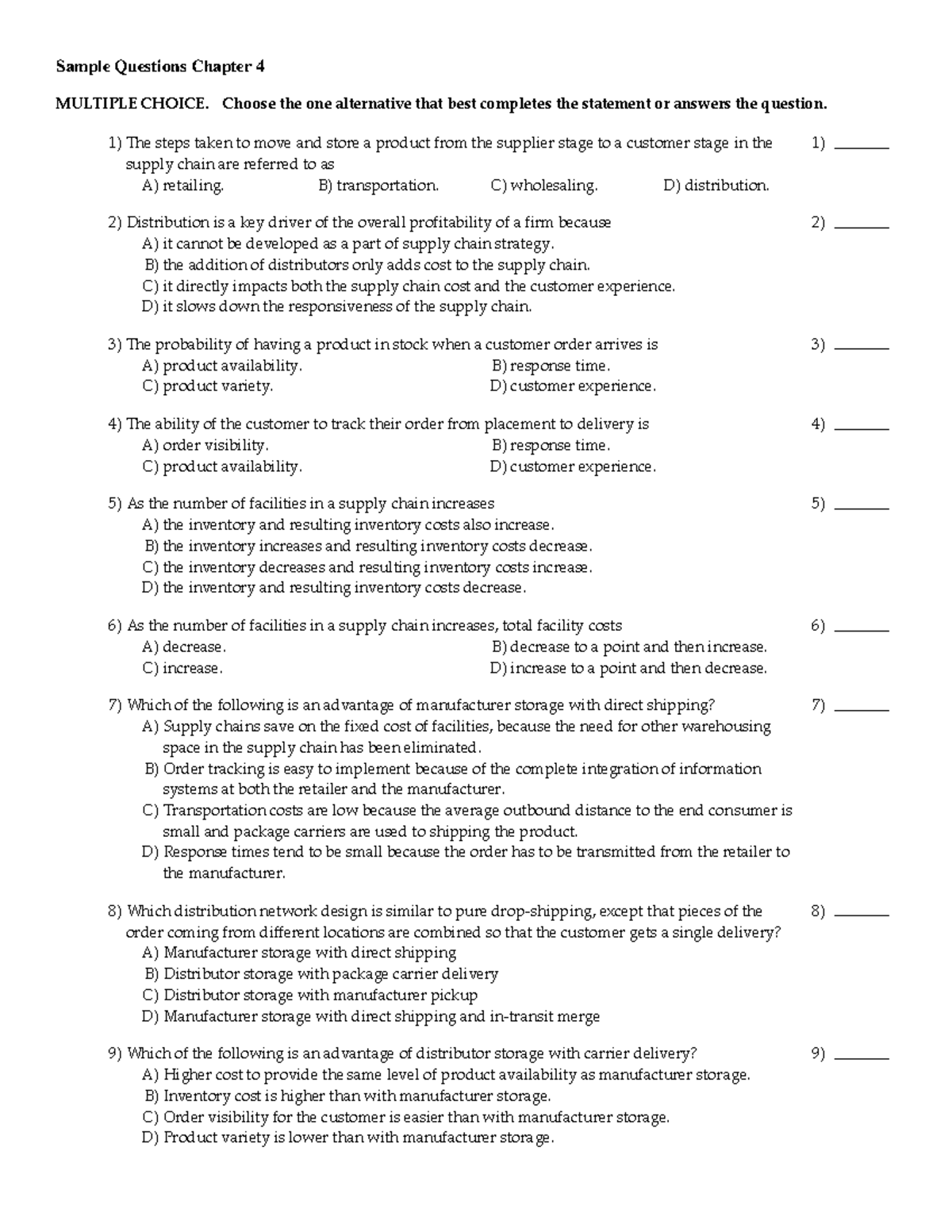 Sample Questions Chapter 4 - Choose the one alternative that best ...