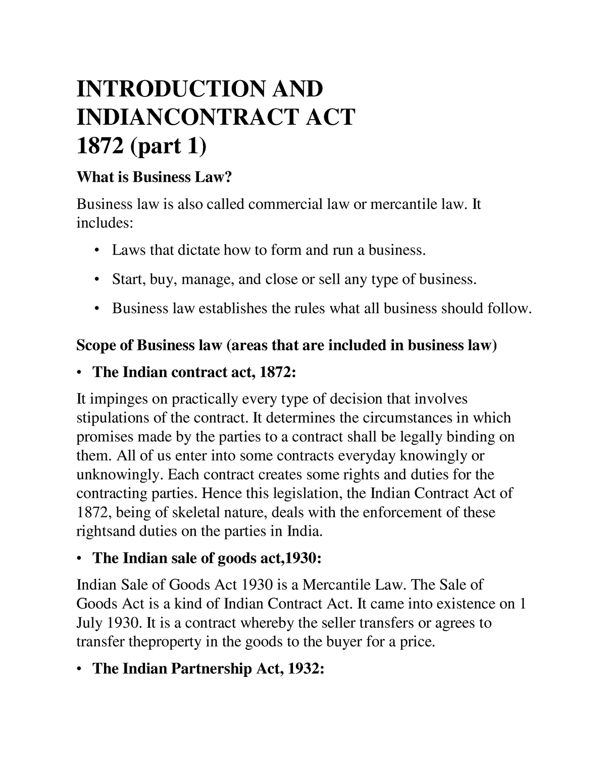 Introduction AND Indian Contract ACT 1872 (part 1) - INTRODUCTION AND ...