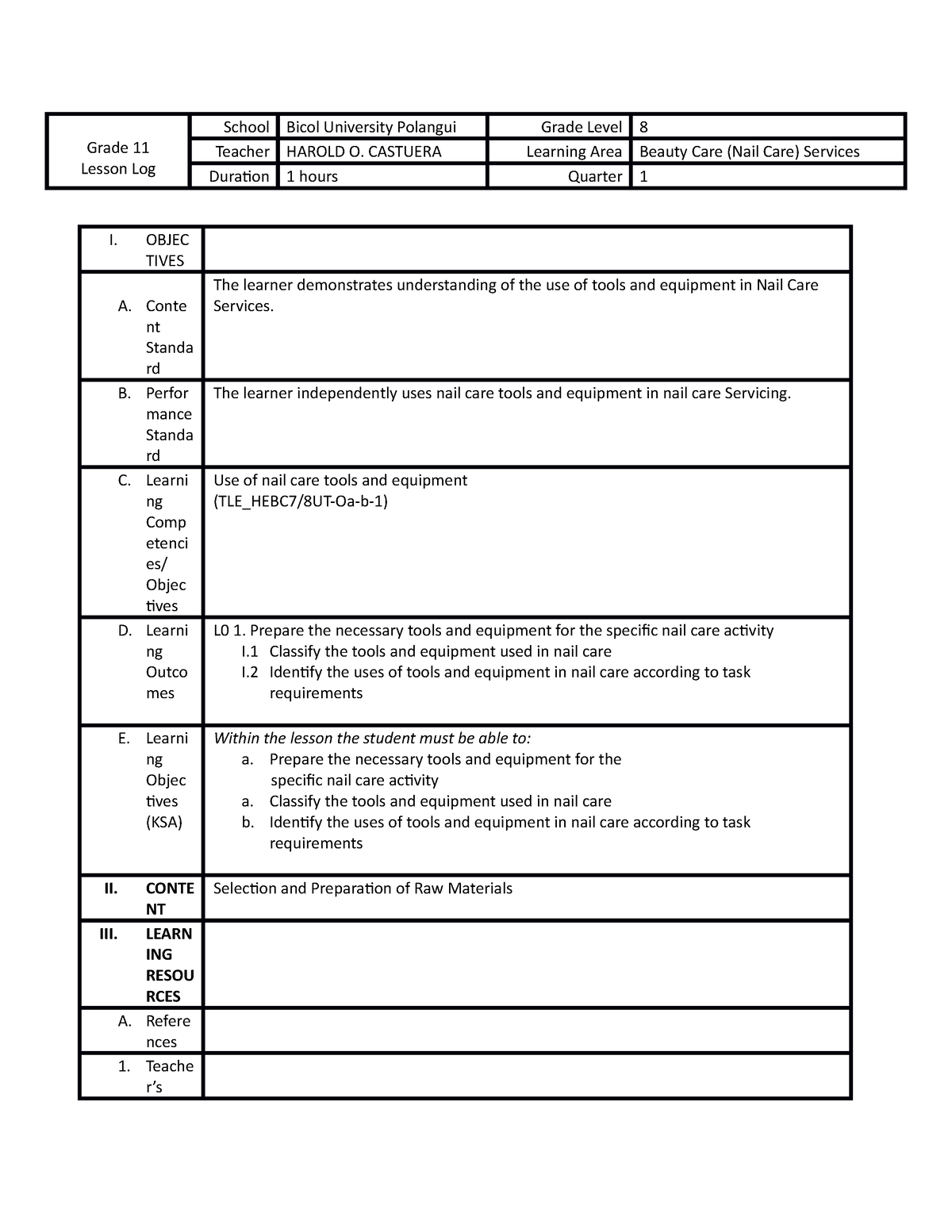 Castuera, Harold O. DDL - Grade 11 Lesson Log School Bicol University ...