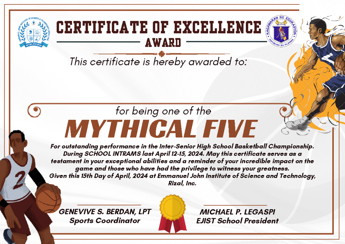 Basketball Certificate - AWARD MYTHICAL FIVE This certificate is hereby ...