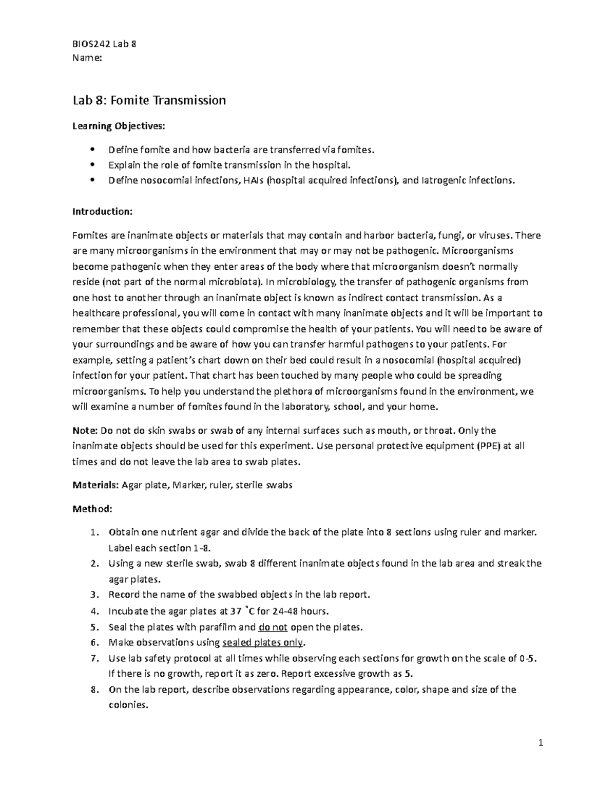 BIOS 242 WK 4 LAB 8 Upload - Name: Lab 8: Fomite Transmission Learning ...