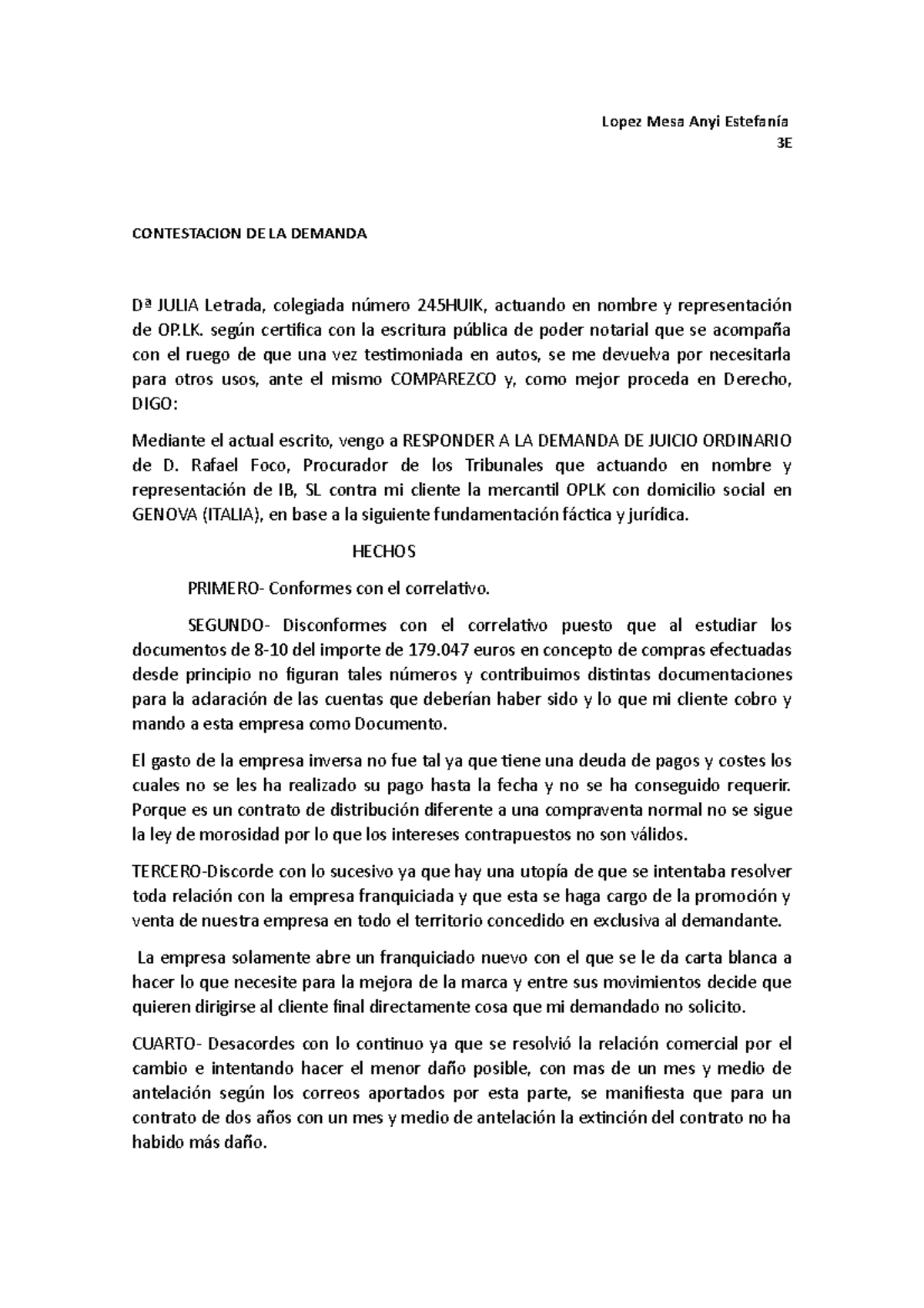 Contestacion De La Demanda Mercantil - Lopez Mesa Anyi Estefanía 3E ...