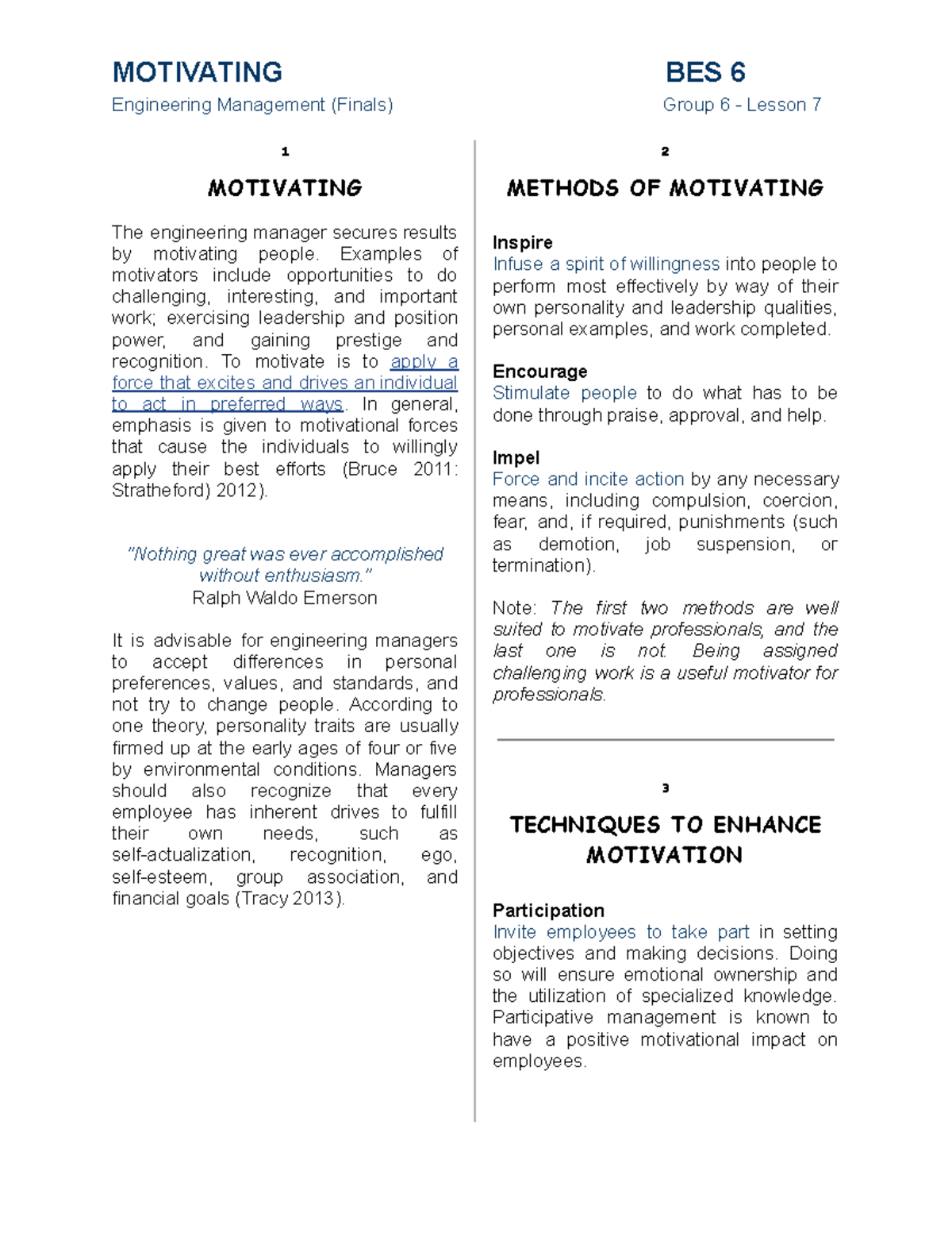 BES6 Group 6 Reviewer - A guide to engineering management - MOTIVATING ...