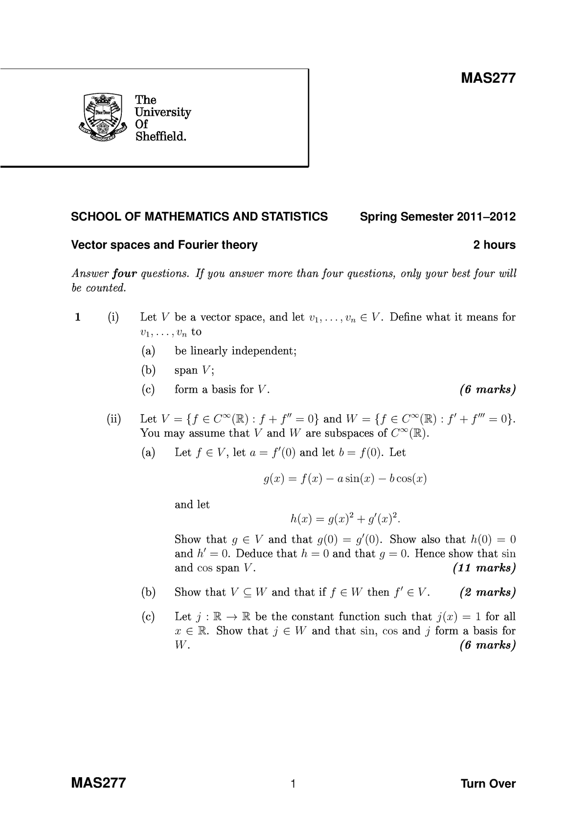 Mas 277 Spring Semester School Of Mathematics And Statistics Spring Semester 11 Vector Spaces Studocu