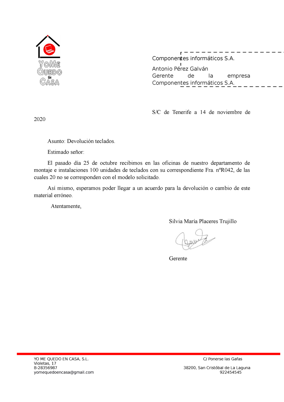 Carta comercial de devolución - Componentes informáticos S. Antonio Pérez  Galván Gerente de la - Studocu