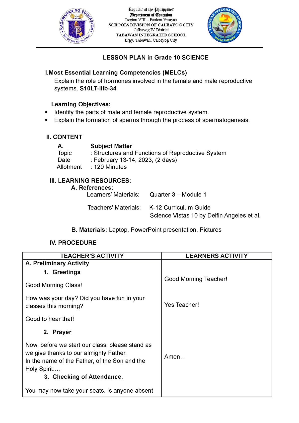 February 13-14, 2023 - Science 10 lesson plan - LESSON PLAN in Grade 10 ...