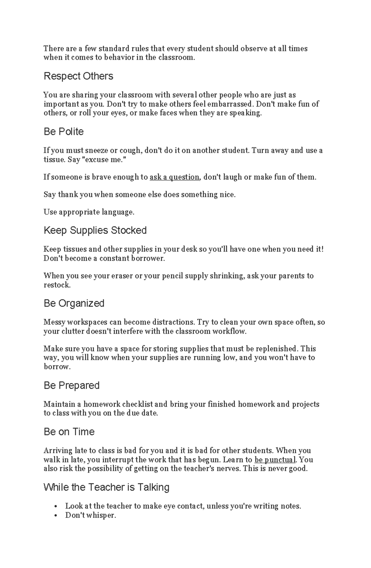 Classroom etiquette - There are a few standard rules that every student ...