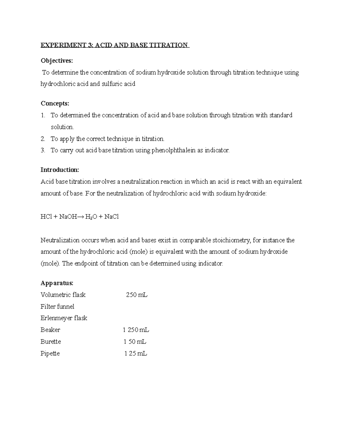 experiment 2 acid base titration matriculation