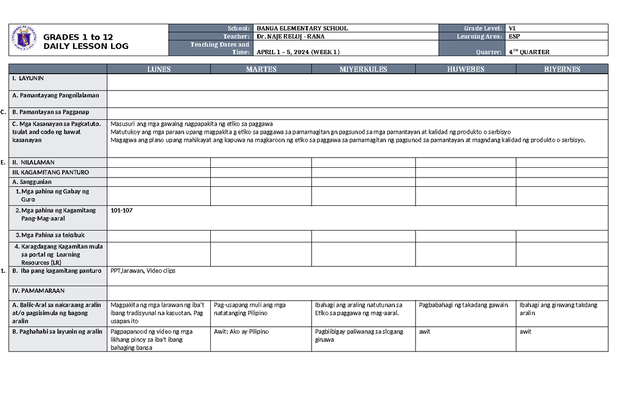 DLL ESP 6 Q4 W1 - GRADES 1 to 12 DAILY LESSON LOG School: BANGA ...