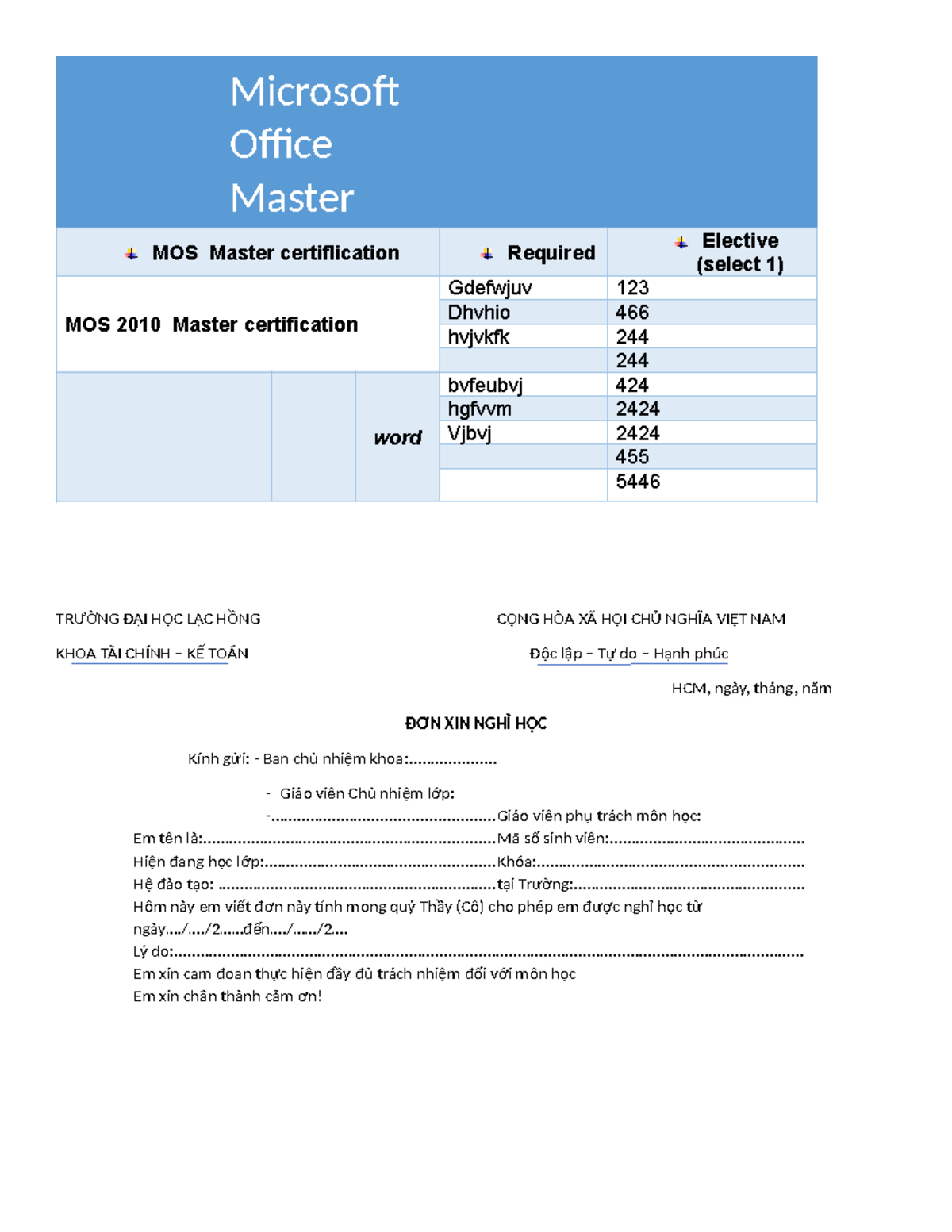 MOS Master certiflication - ................... - Giáo viên Chủ nhiệm ...