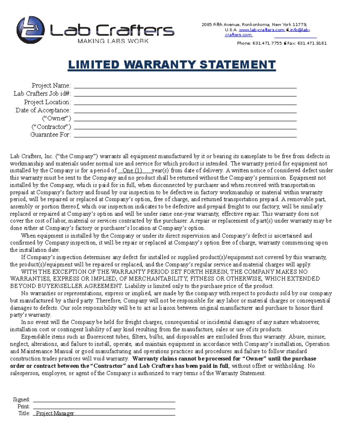 LCI Sample Warranty 2085 Fifth Avenue, Ronkonkoma, New York 11779