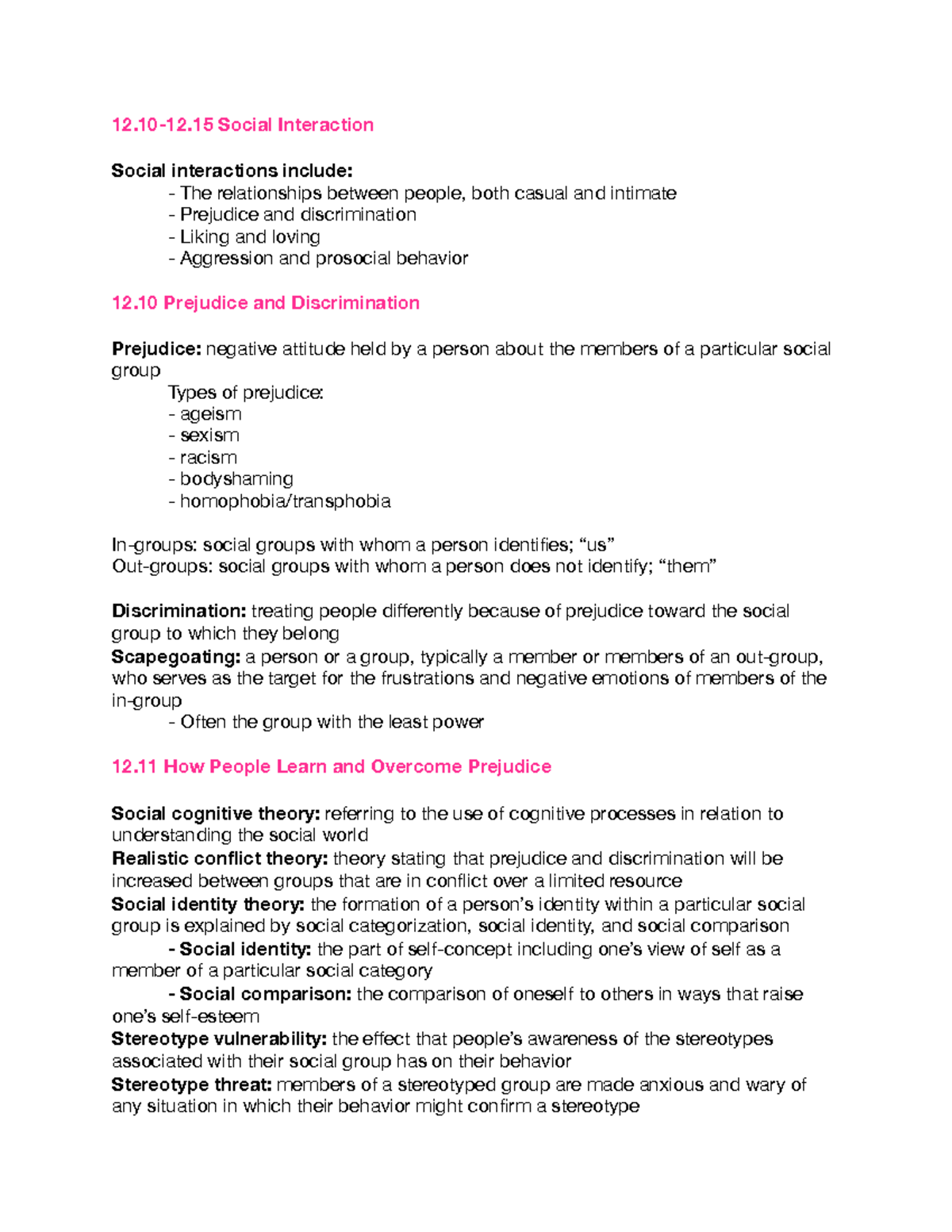 CHAPTER 12 PSYCH 1100 12.10-12.15 - 12.10-12 Social Interaction Social ...