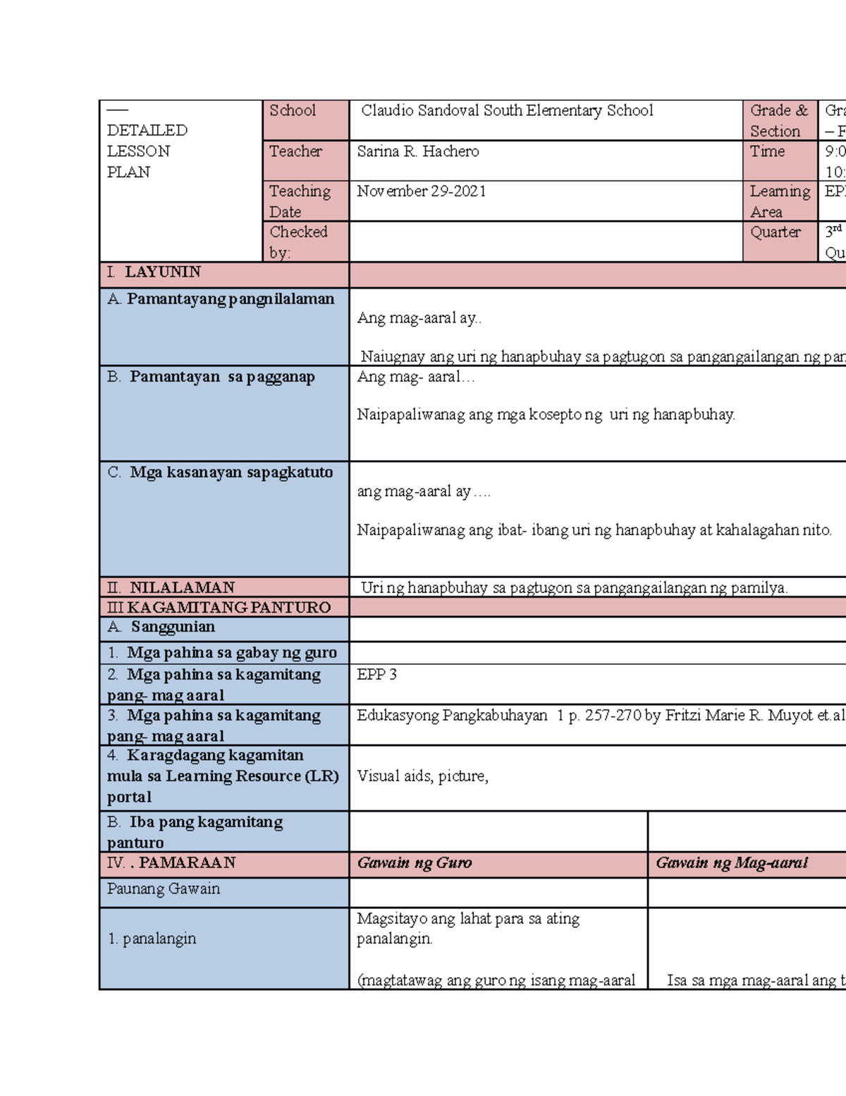 Grade 4 Filipino Lesson Plan Bilarasa