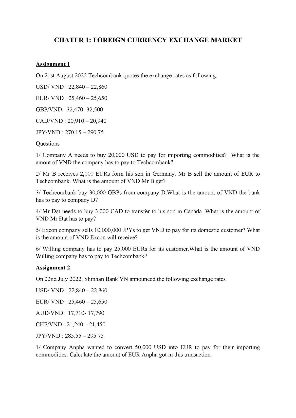 International Invesment Exercises - CHATER 1: FOREIGN CURRENCY EXCHANGE ...