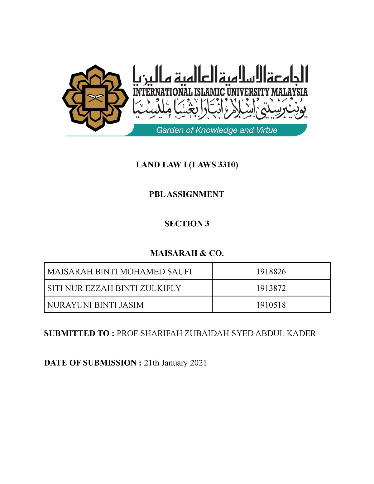 Sample Legal Opinion - LAND LAW I (LAWS 3310) PBL ASSIGNMENT SECTION 3 ...