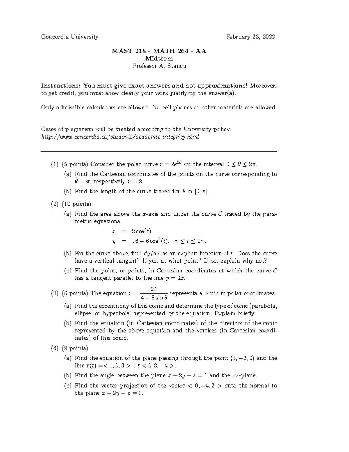 Midterm feb 2022 - Concordia University February 23, 2022 MAST 218 ...