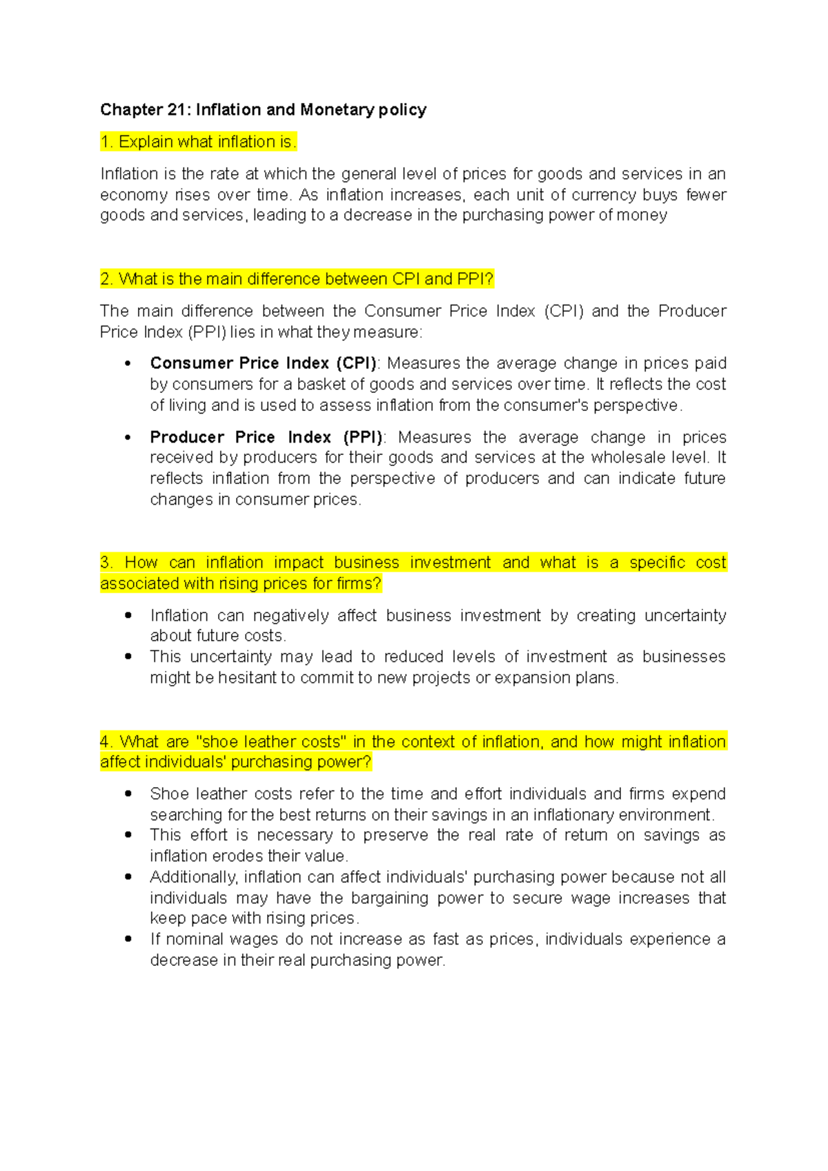 Chapter 21 - Study material - Chapter 21: Inflation and Monetary policy ...