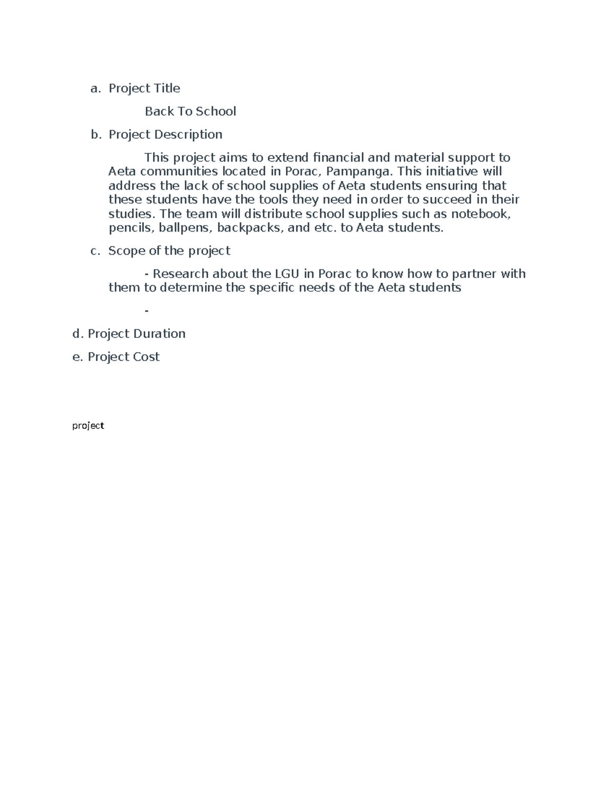 Project Title - a. Project Title Back To School b. Project Description ...