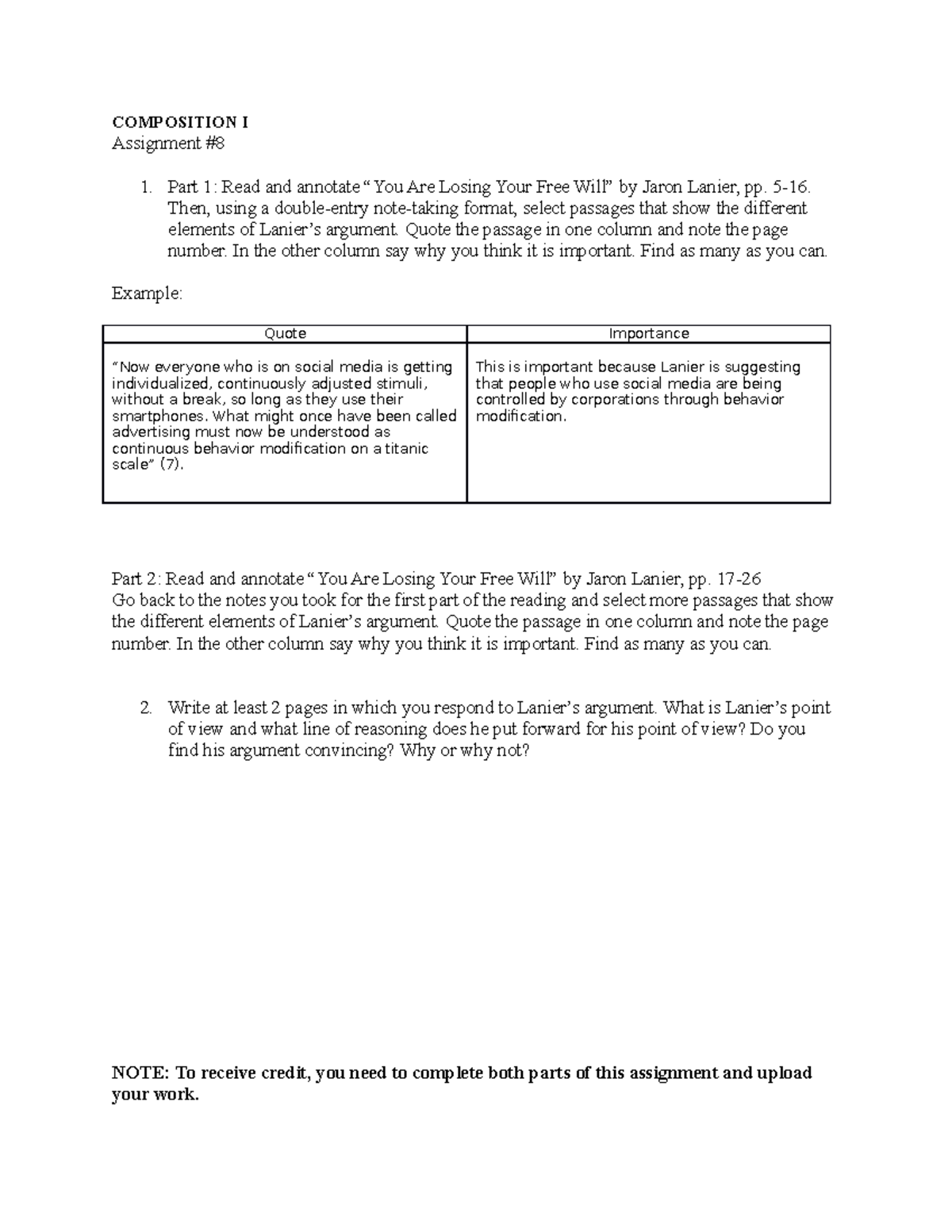 Assignment 8 - essay - COMPOSITION I Assignment # Part 1: Read and ...