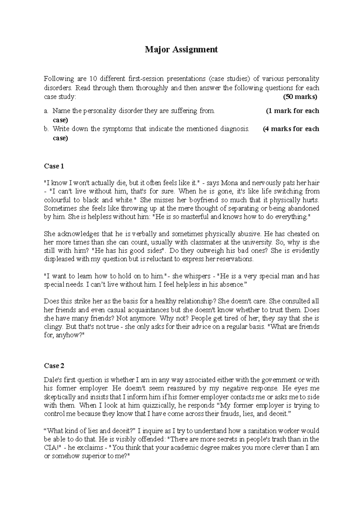 Personality disorder cases (assignment) - Major Assignment Following ...